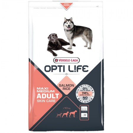 OPTI Life Skin Care Medium und Maxi Hundefutter mit Lachs und Reis 12,5 kg