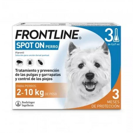 Pipetas anti-pulgas Frontline Spot On 3 uds. X 0,67 ml. para perros de 2-10 kgs.