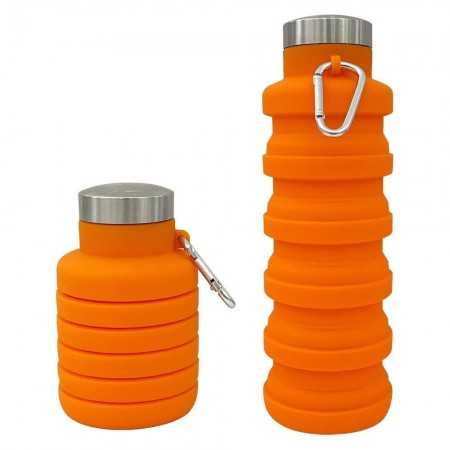 Botella plegable de silicona con tapón a rosca y mosquetón - Naranja