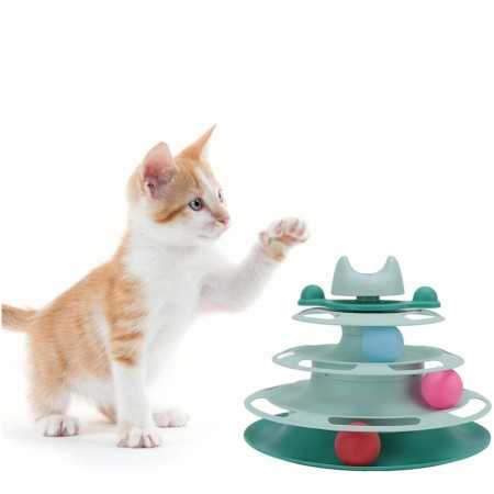 Interactieve toren voor katten met 3 niveaus en gekleurde ballen - Blauw