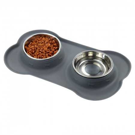 Comedero de acero inoxidable con base antideslizante de silicona Gris para gatos y perros pequeños. Ideal para comida y agua
