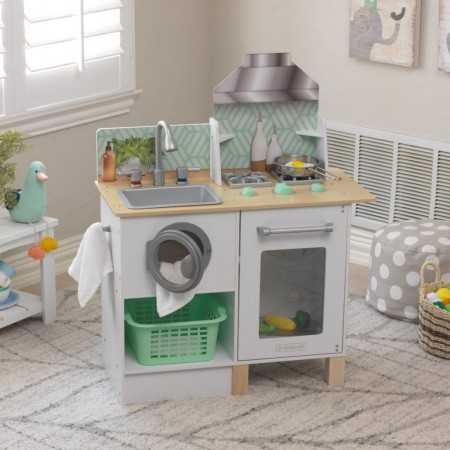 Cocina de juguete KidKraft Whisk & Wash de madera con lavadora, electrodomésticos de juguete para niños 3+ años