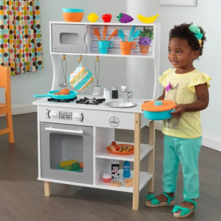Cocina de juguete KidKraft All Time de madera para niños con accesorios incluidos, comida de Juguete y utensilios de cocina