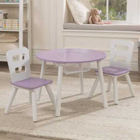 Juego de mesa redonda con almacenamiento y 2 sillas de madera, en color lavanda y blanco de KidKraft.